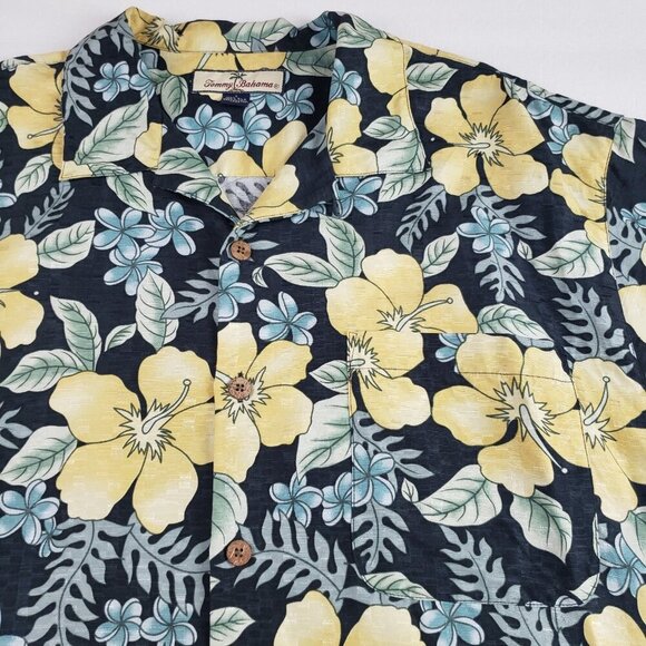 Tommy Bahama Silk Shirt Mens Large Black Yellow Flower Short Sleeve Button Front - Picture 4 of 9